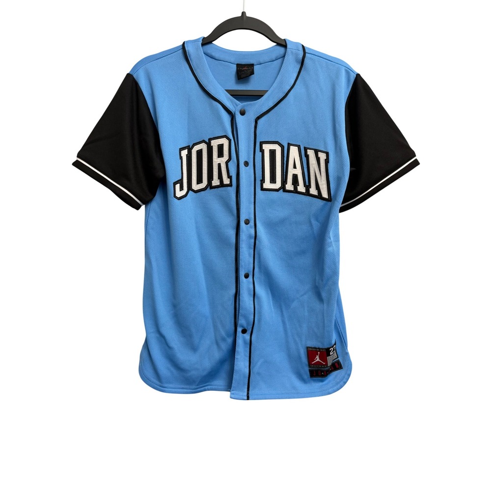 Jordan Kids University Blue Black Baseball Jersey Mesh Button Up Shirt Size L